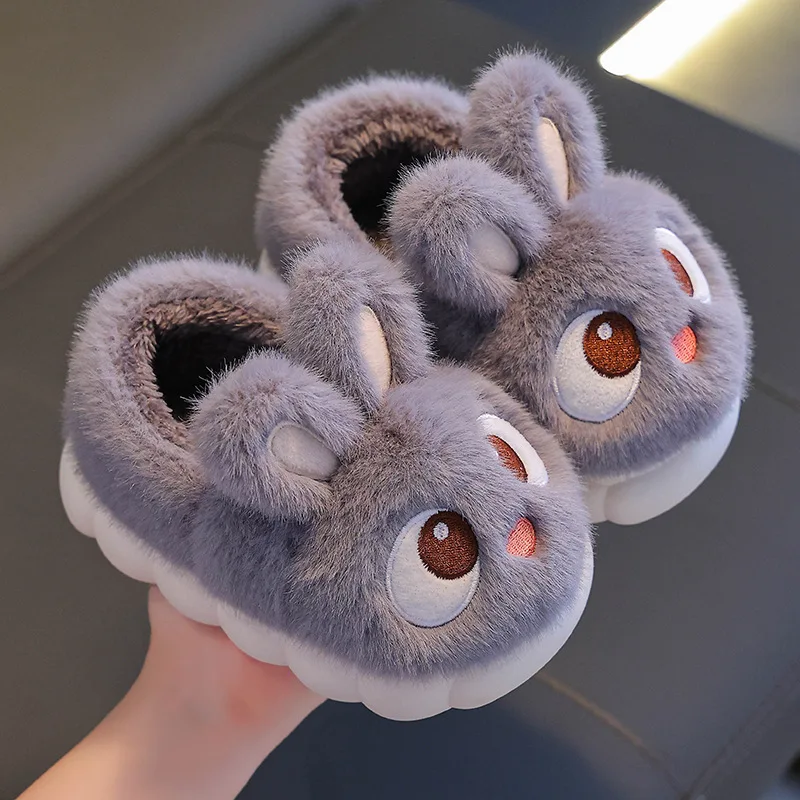 Kinder-Hausschuhe aus Kaninchen-Baumwolle, rutschfest, warm, für drinnen, Zuhause, Eltern und Kinder, Babyschuhe, Winter – Detail 1