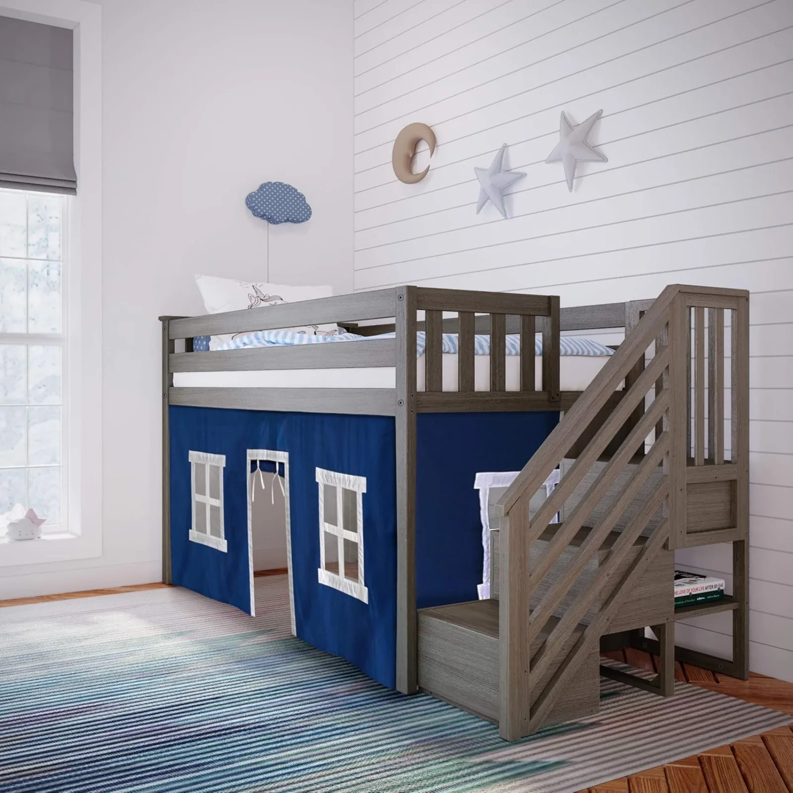 US Low Loft Bed, Twin Bed Frame For Kids With Stairs and Curtains For Bottom, White/Blue