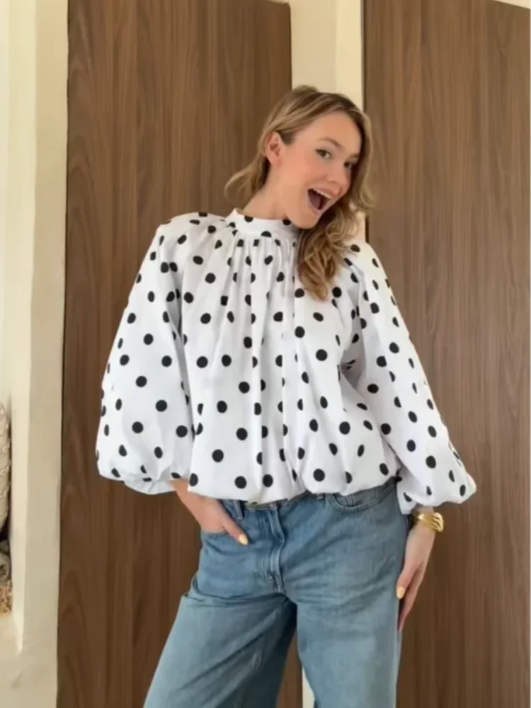 

Women's Vintage Polka Dot Lace Up Casual Shirt Cute Long Lantern Sleeve Backless Loose Blouse Top Female Daily Commuter Shirts