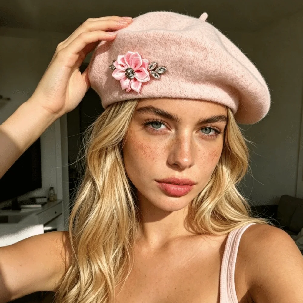 Beret French Wool - Vintage Solid Color Wool Beret Floral