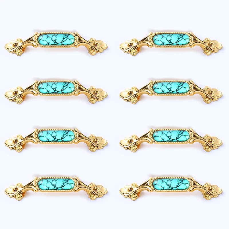 8Pcs Cabinet Door and Drawer Pulls, Green Stone Inlaid Cabinet Handles, Golden Furniture Decorative Knob
