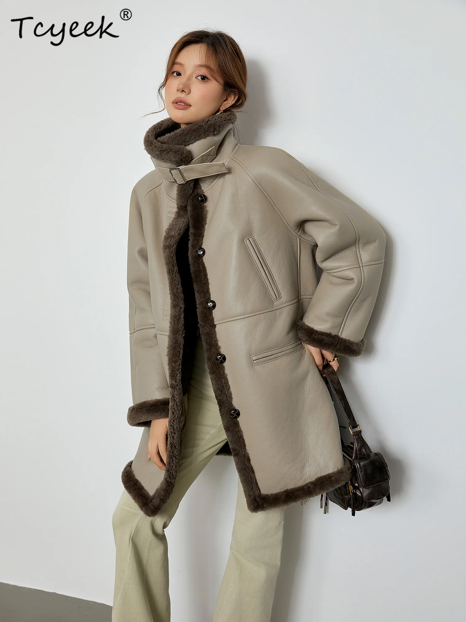 Tcyeek Wool Autumn Winter High End Trendy Thickened Fur Beige Color Medium Length Women's Lamb Wool Fur Coat Fourrures Femme