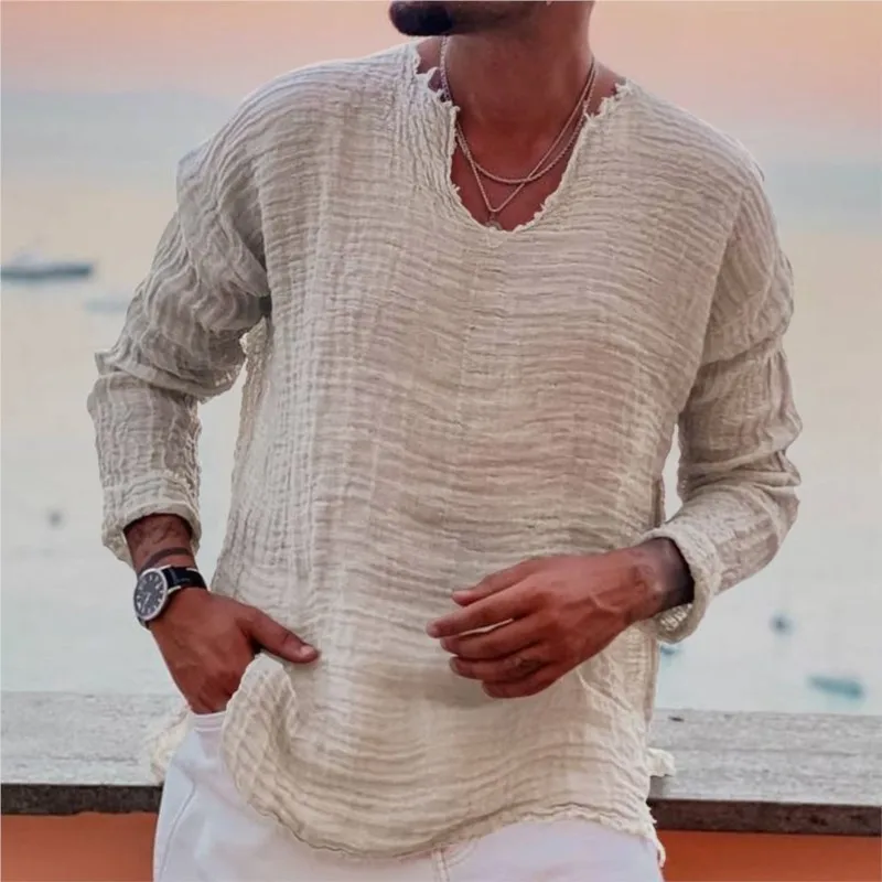 Spring and Fall Men's Viking Style Summer Shirts for Beach Wear Casual Shirts Pure Fake Cup-shaped Long Sleeved V-neck Tops 2026