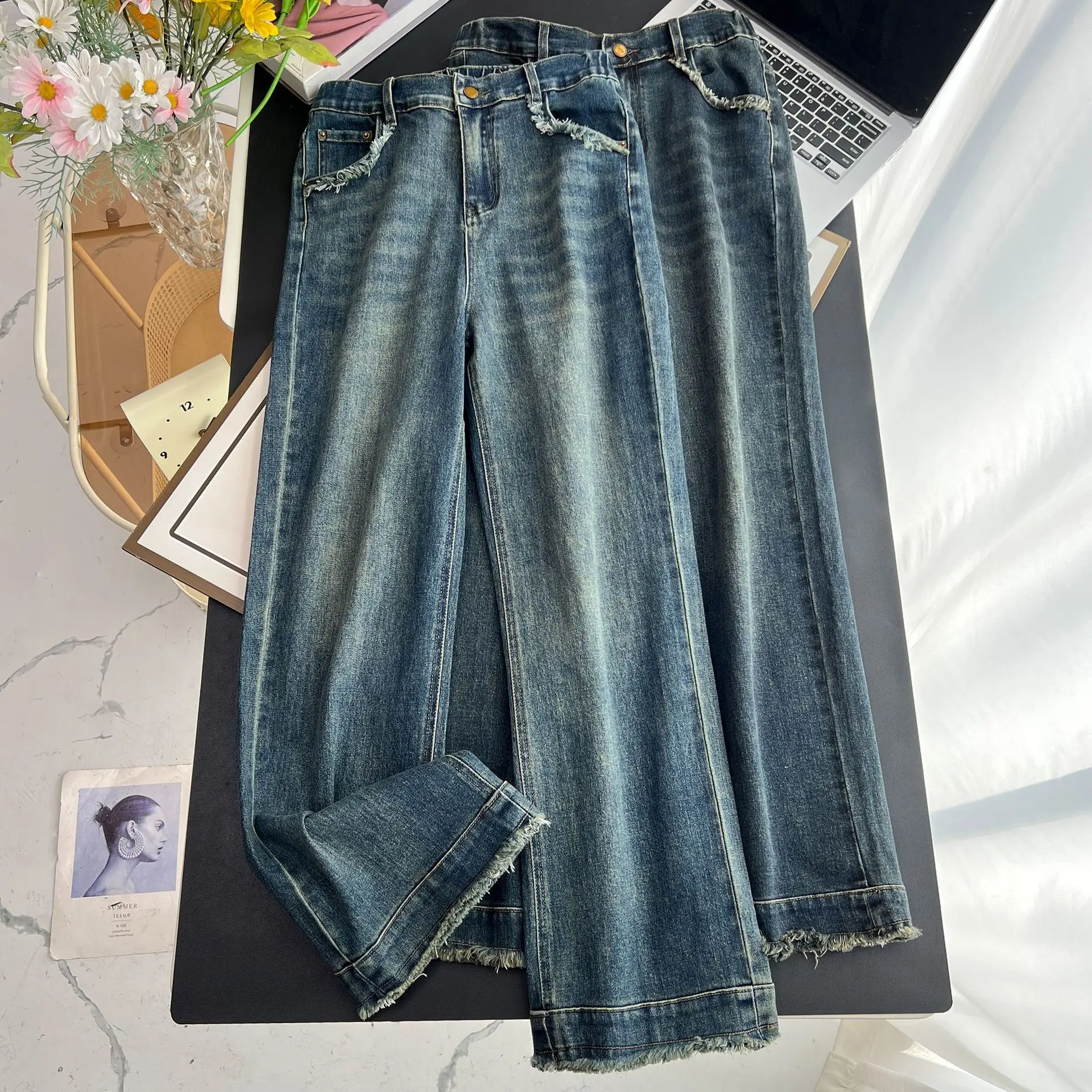 Retro Blue Jeans Dames Lente/Herfstkleding XL Losse Slanke Stretch Casual Hoge Taille Ruwe Rand Rechte Pijpen Lange Broek