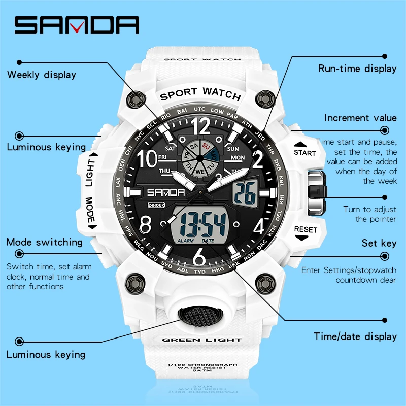 Fashion Sanda Brand Youth Military Sports Trend Korean Electric Led Multifunction Lady Creative Personality Student Gift Watch