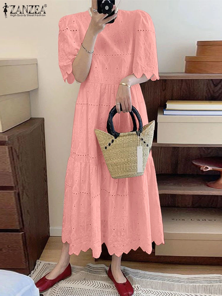 

ZANZEA Woman Loose Vestidos Short Sleeve Openwork Embroidery Summer Scalloped Hem Midi Dresses Casual Holiday Elegant Robe Femme
