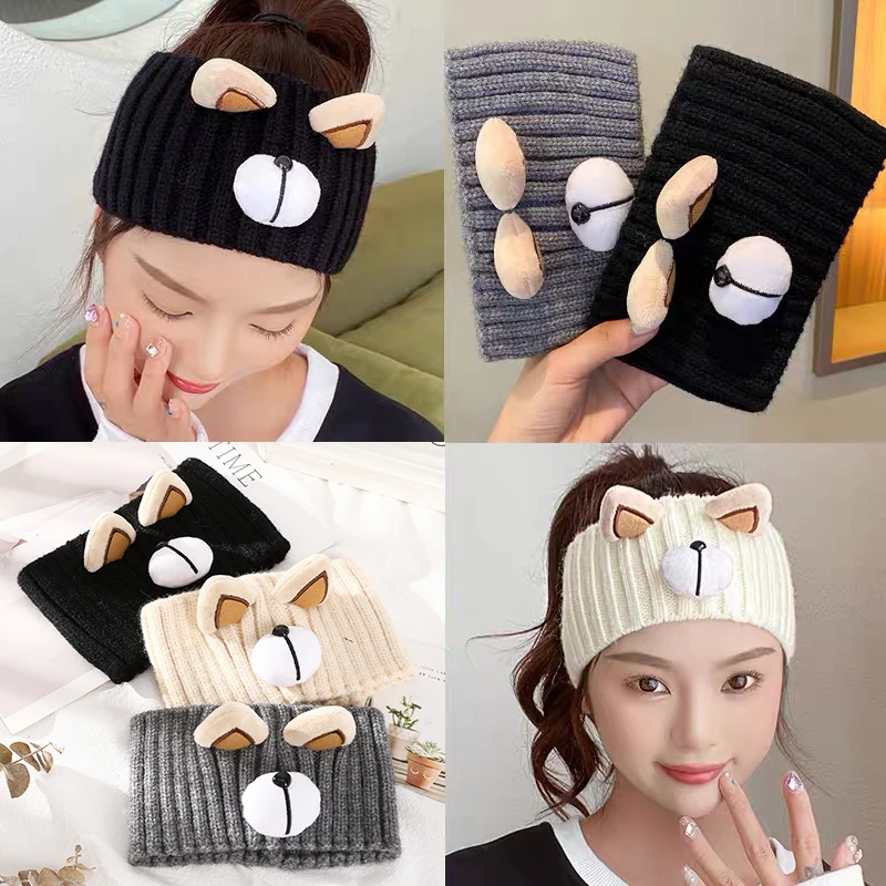 AWAYTR Cute Bear Knitted Turban Headband Autumn Winter Warm Elastic Hair Band Cross Headwrap Bandana for Women Hair Accessories