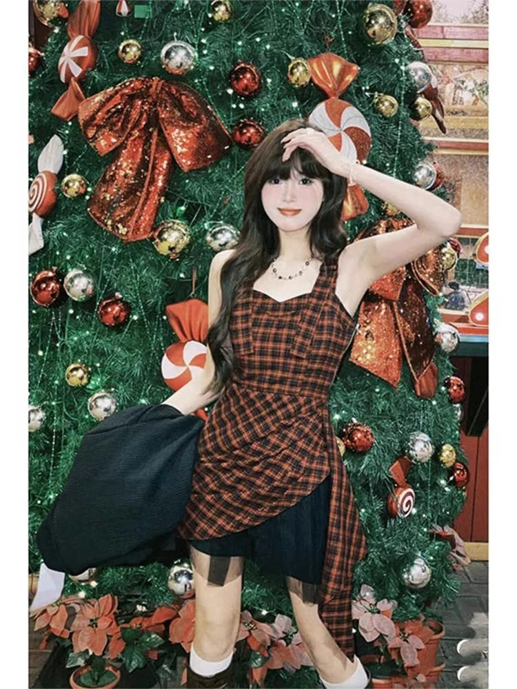 Spicy Girl Sommer Frühling Plaid Strap Dr Damen Pure Desire Taille Cinching ort A-Linie Rock Vintage Sle No Brand