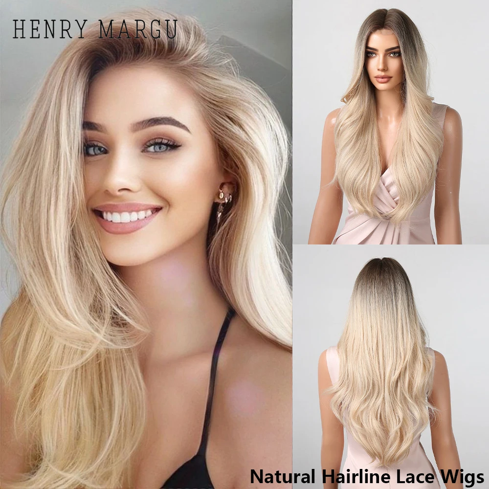 

HENRY MARGU Long Wavy Platinum Brown Ombre Synhtetic Wigs Hairline Part Lace Wigs for Women Daily Middle Part Natural Hair Wigs