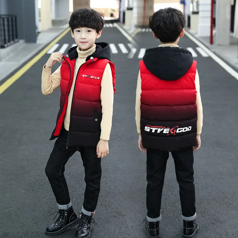 

Boys Winter Vest Coat Jacket 2023 New Fashion Hooded Contrasting Colors Letters Print Warm Sleeveless Waistcoat Children Clothes