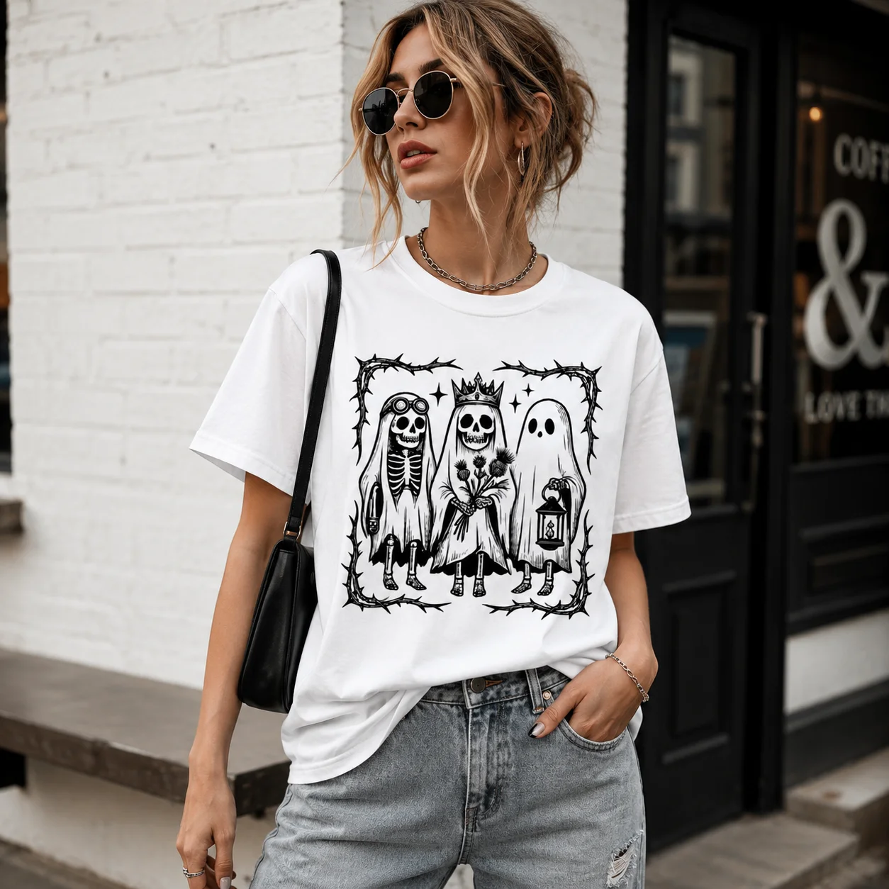 100% Cotton Gothic Skeleton Ghost Bride T Shirt Women Vintage Thorn Frame Halloween Dark Academia Graphic Cotton Tee