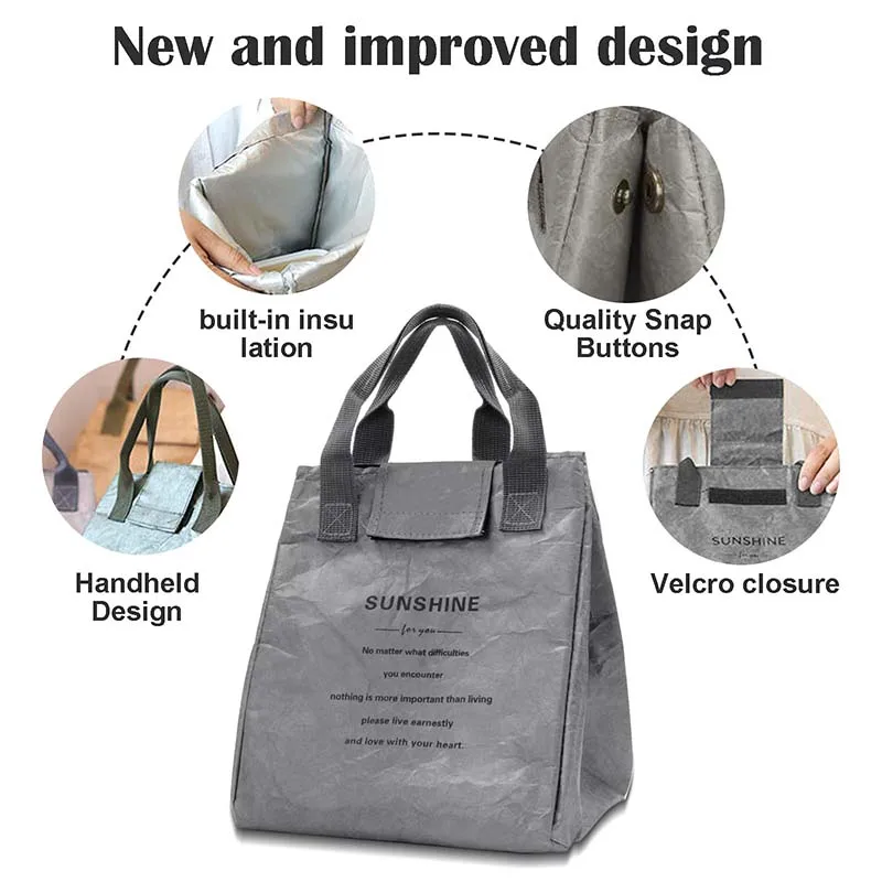 Dupont Kraft Paper Lunch Bag Insulated Reusable Pleated Tote Eco-Friendly Washable Waterproof Thermal Cooler for Work Picnic