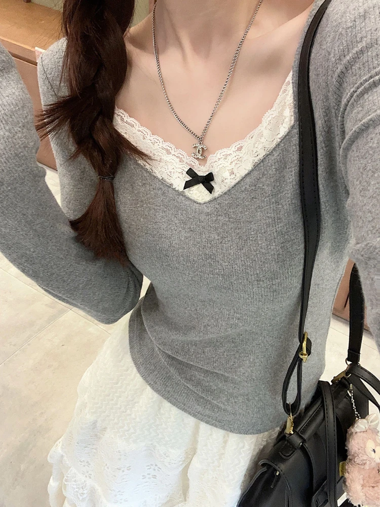 V-neck T-shirts Women Lace Spliced Thicker Bow Hot Sweet Slim Solid Simple Students Elegant Leisure Korean-style Long-sleeves