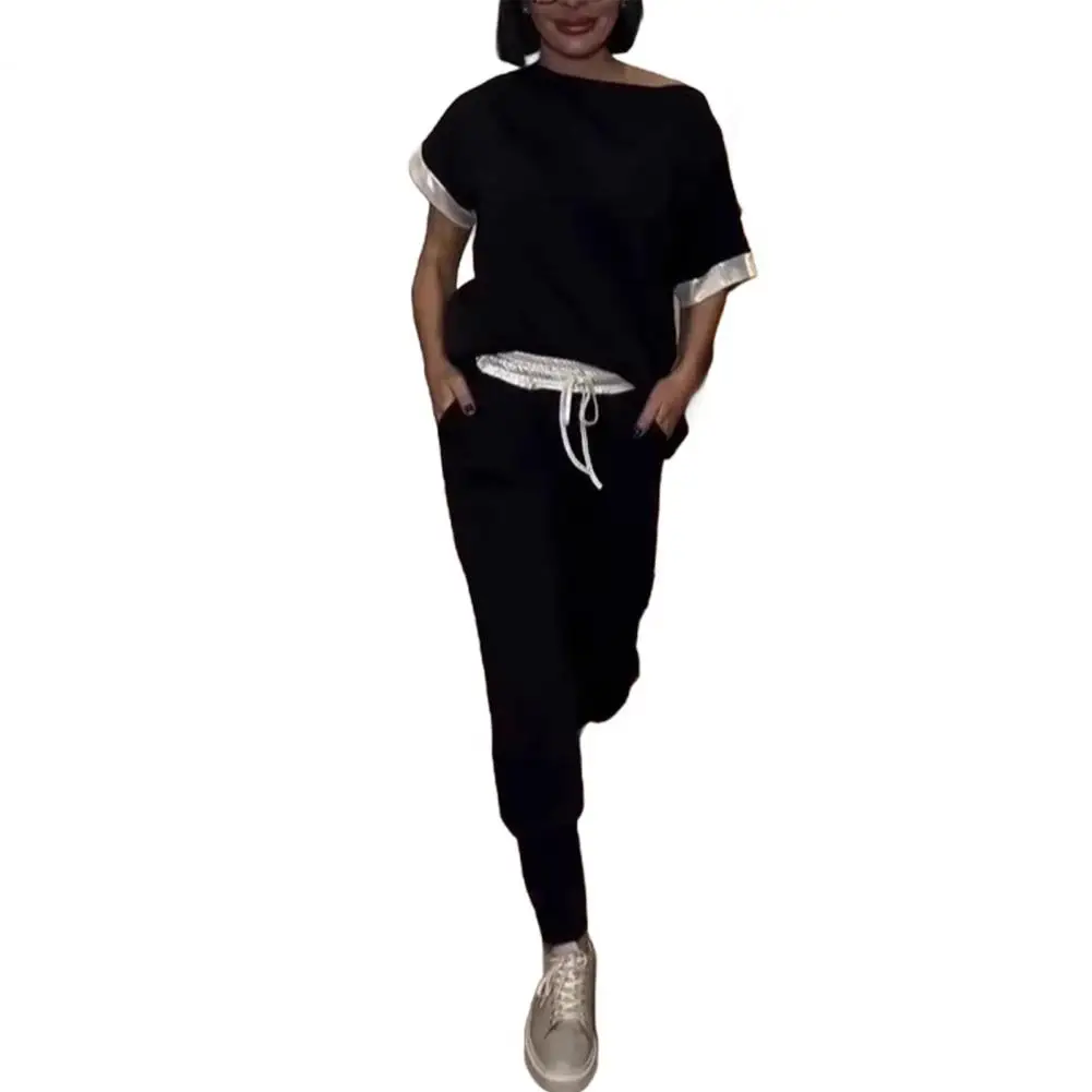 

Women Off-shoulder Top Trousers Set Elegant Sequin Splicing Outfit Set with Drawstring Waist for Ladies 2 Piece Set