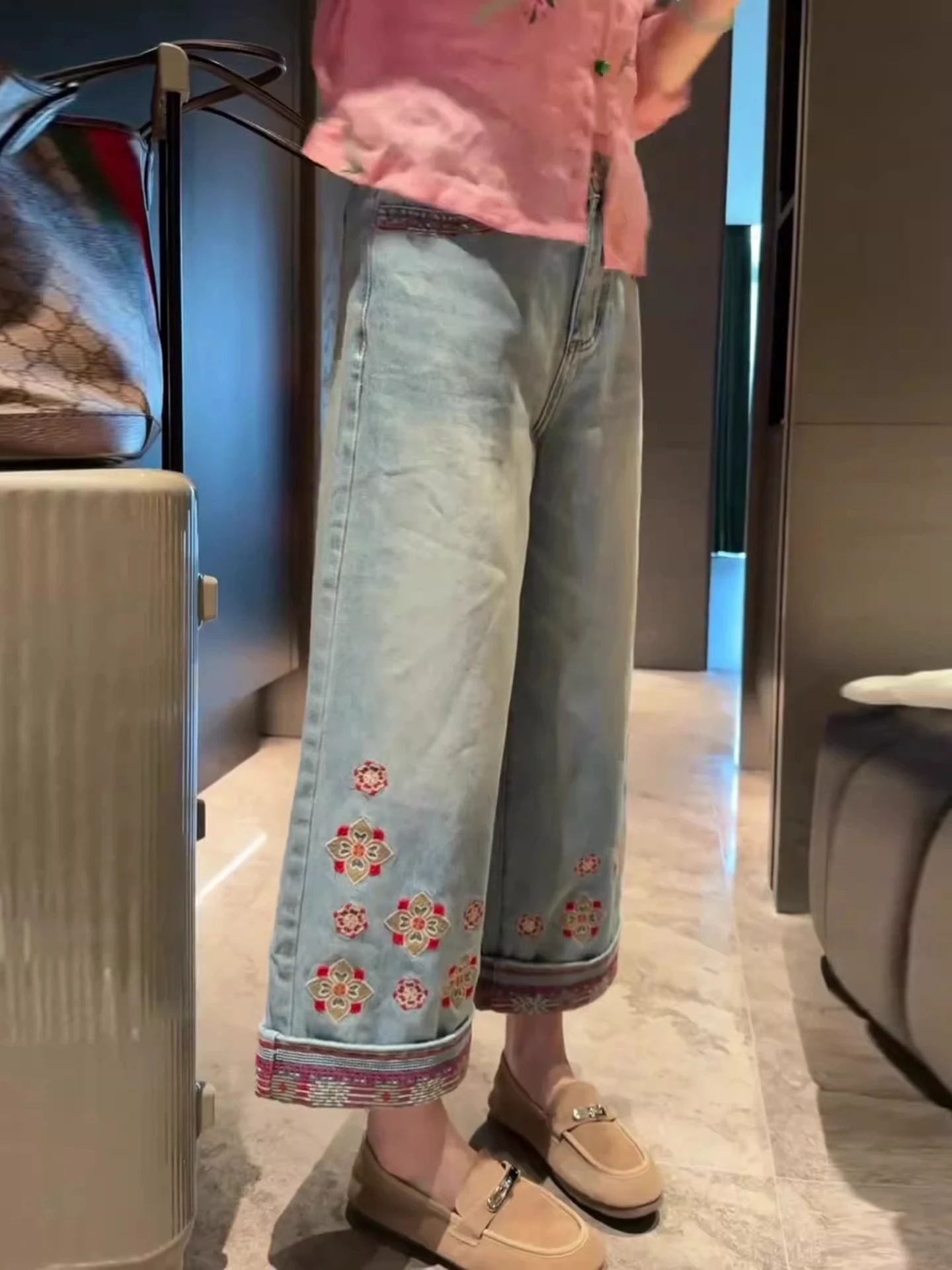 New 2026 Chinese Style Embroidered Wide Leg Jeans High Waist Cuffed Women's Spring Summer Slimming High Waist Straight Nine P...