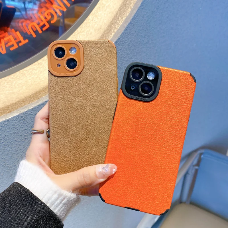 Luxury Leather Texture Blue Black Brown Orange Soft Phone Case For Iphone 11 12 13 14 15 16 Pro MAX X XR XS SE 7 8 Plus Cover