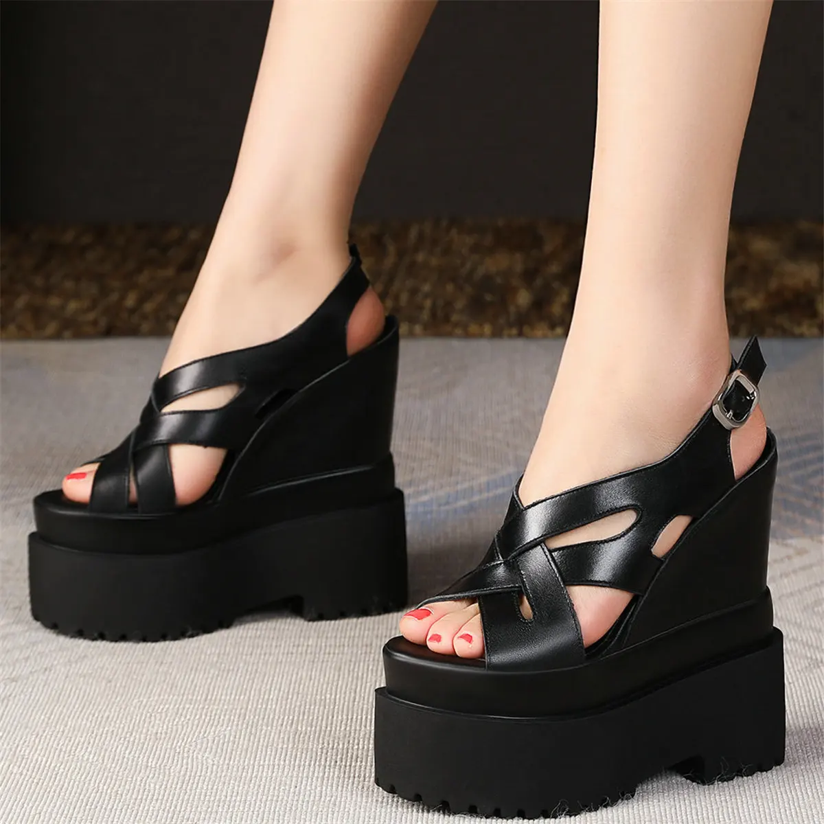 

Platform Pumps Women Back Strap Genuine Leather Wedges High Heel Gladiator Sandals Female Open Toe Fashion Sneakers Casual Shoes