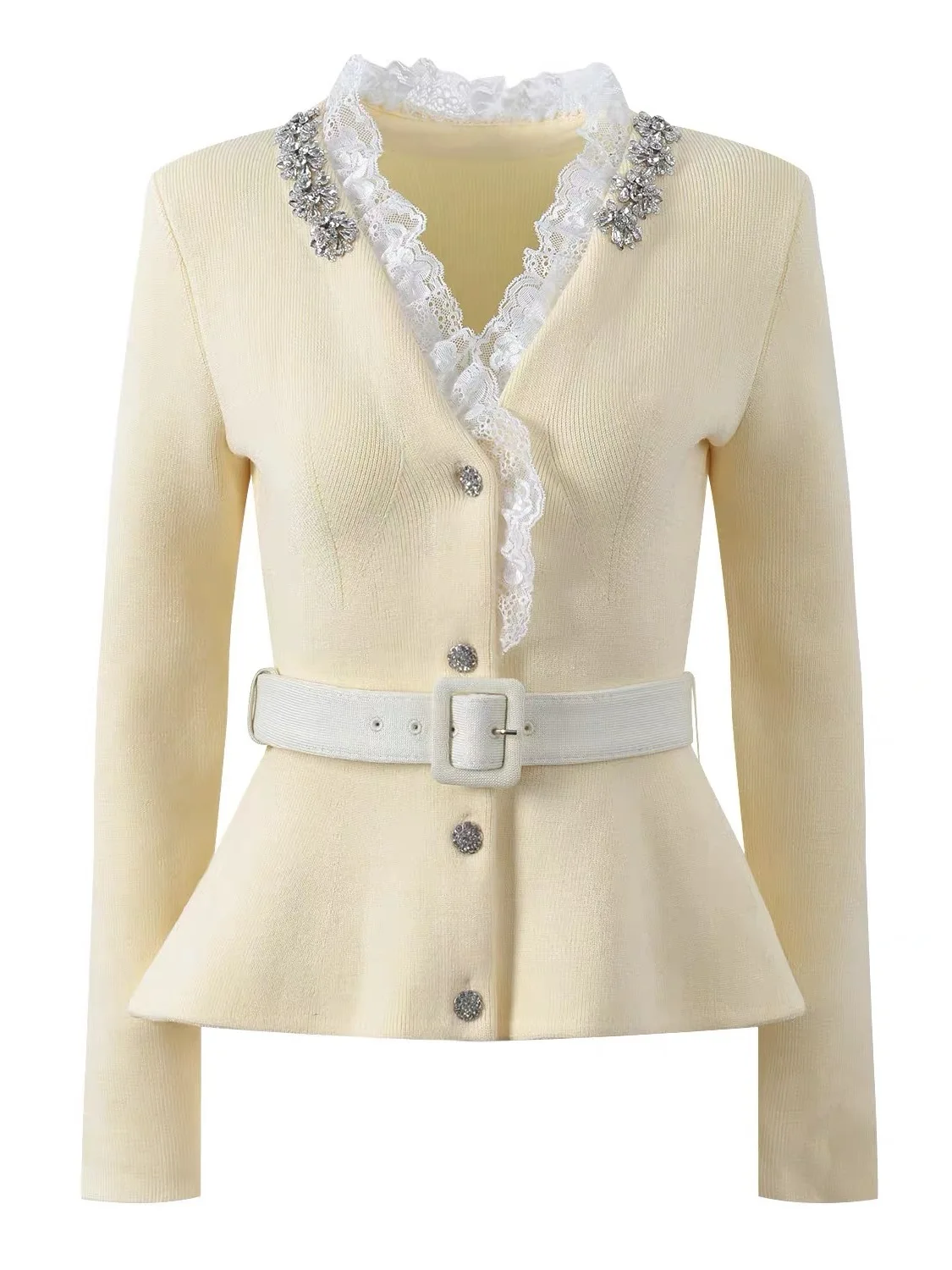 

Ele Yellow Lace Trim Knitwear Heidd SP2026 Early Spring Heavy Rhinestone Slim Fit Neline Polyester Fiber Long Sve