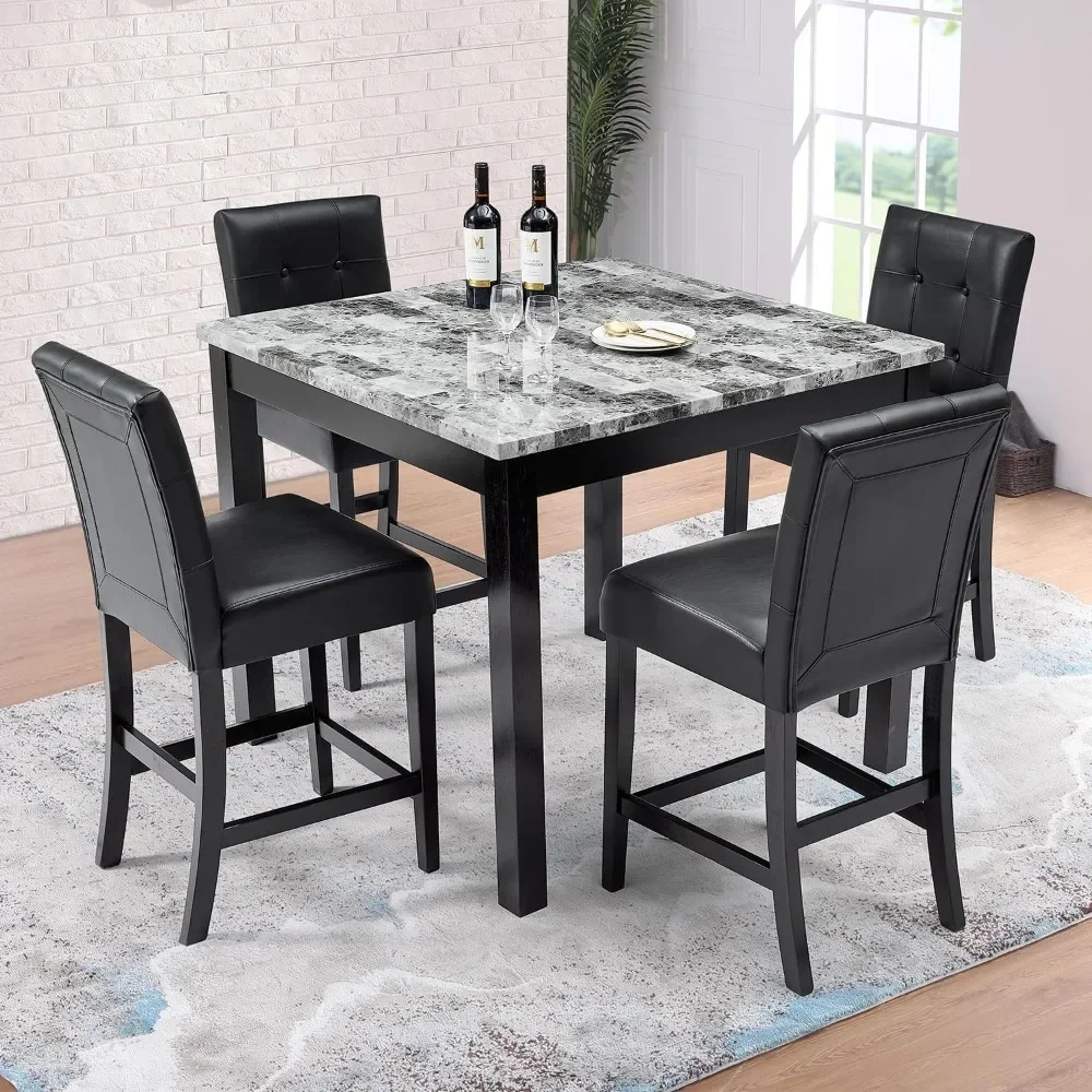 42 Inch Wooden Counter Height Dining Table Set with Faux Marble Table and 4 Chairs Nordic Square 5 Piece Dining Table Set Black