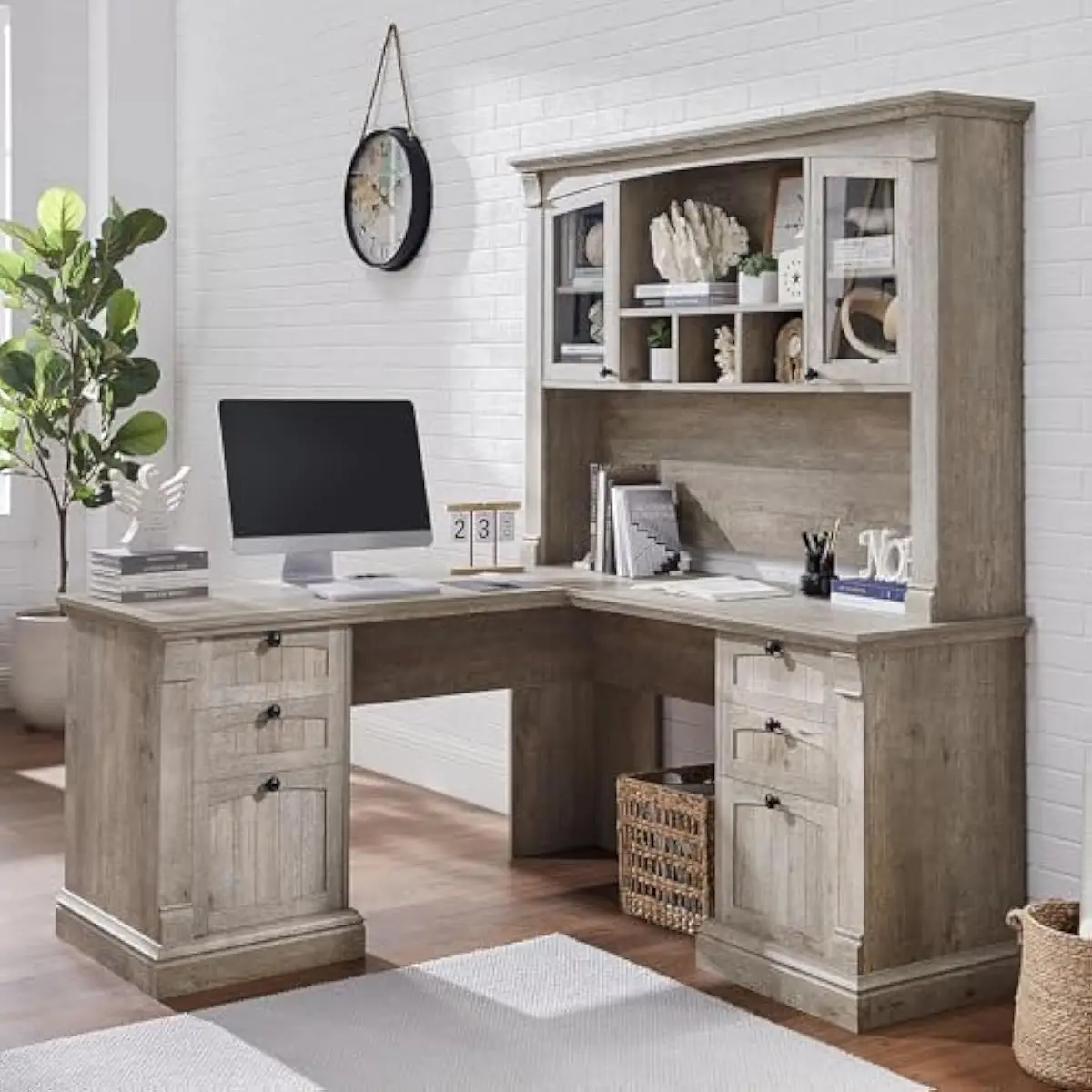 L Shaped Executive Desk Set with 42 Inch Hutch Distressed Light Rustic Oak Finish Engineered Wood Construction Built In USB AC P
