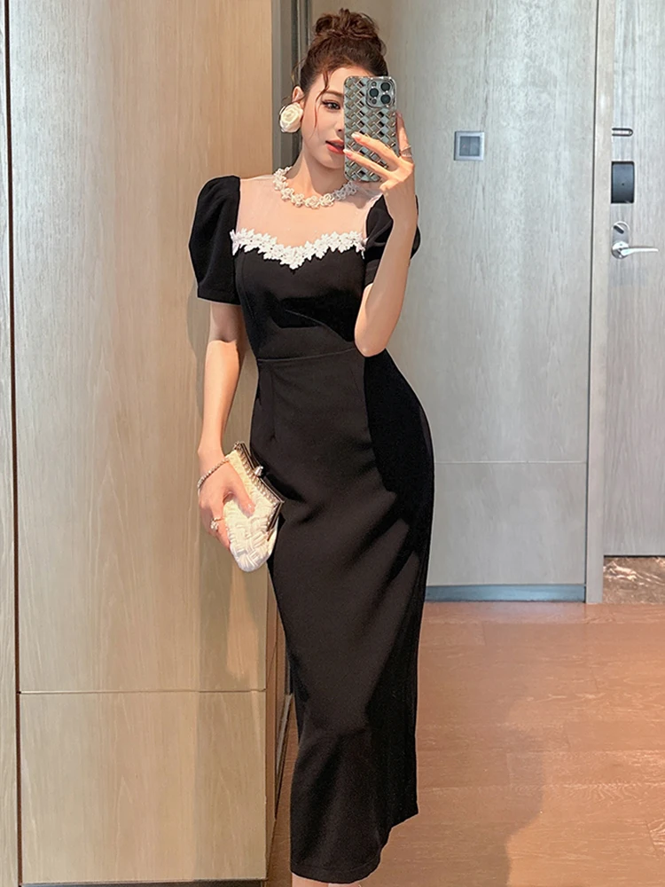 Abito longuette nero stile vintage elegante da donna Fiori di pizzo francese Trim Abito aderente trasparente Lady Abiti da festa di lusso
