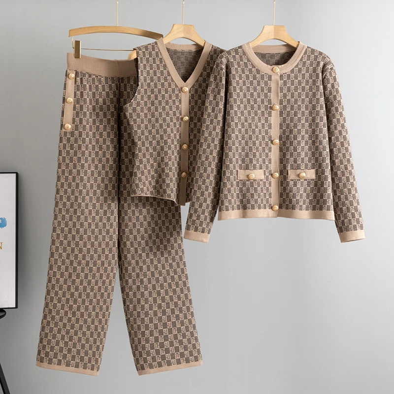 

Вязаные комплекты из 3 предметов, элегантный женский свитер с длинными рукавами, пальто, однобортный вязаный жилет, брюки, новинка 2023 года