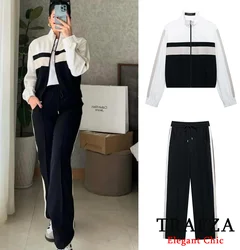 TRAFZA-Women Fashion Side Stripe Jacket Pant Set Zipper Contraste Jacket + Pant 2 Pieces Set New Spring Autumn Sports Style Suit