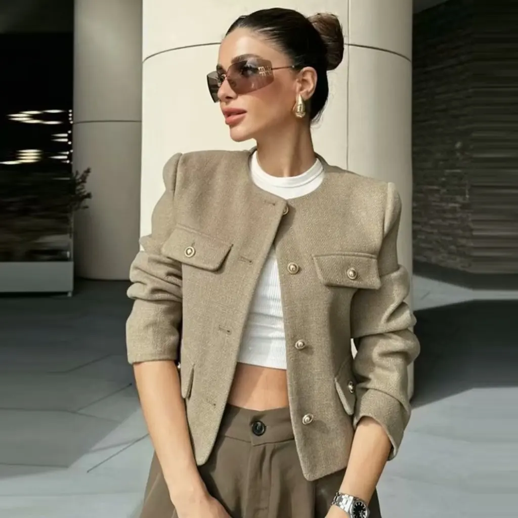 

Women's Elegant Fashion Short Suit Jacket Solid Color Button Ornaments Style Summer Top
