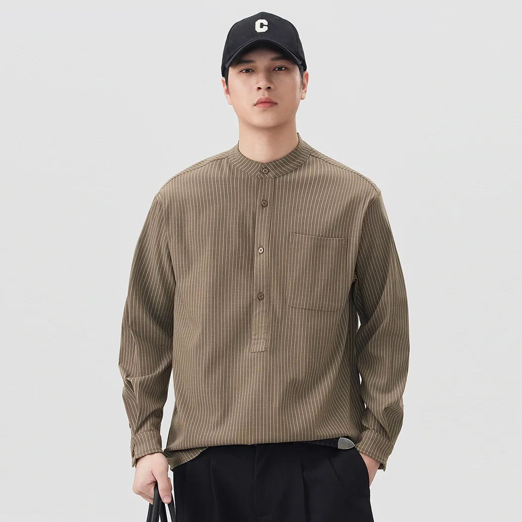 Cityboy Japanese Streetwear Shirt Blouse Men's Stand Collar Spring Summer Long Sleeve Casual Commute Loose Stripe Pullover Shirt