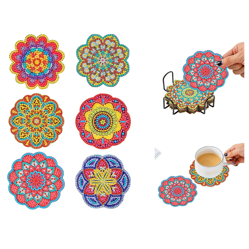 

6pc/sets Diamond Painting Coasters with Holder Kit DIY Diamond Painting Mandala Flowers Art Coasters for Beginners Kids