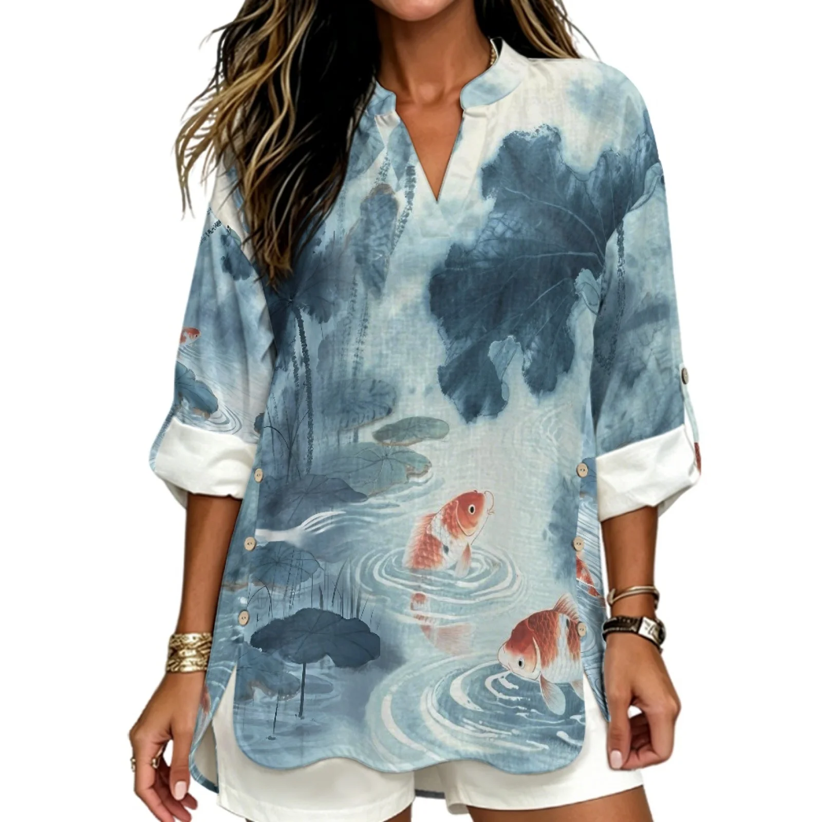 PENSTROLL Side Slit Hem Linen Like Long Sleeve V Neck Blouse Trendy Tops for Beach Vacation Koi Fish Lotus Pond