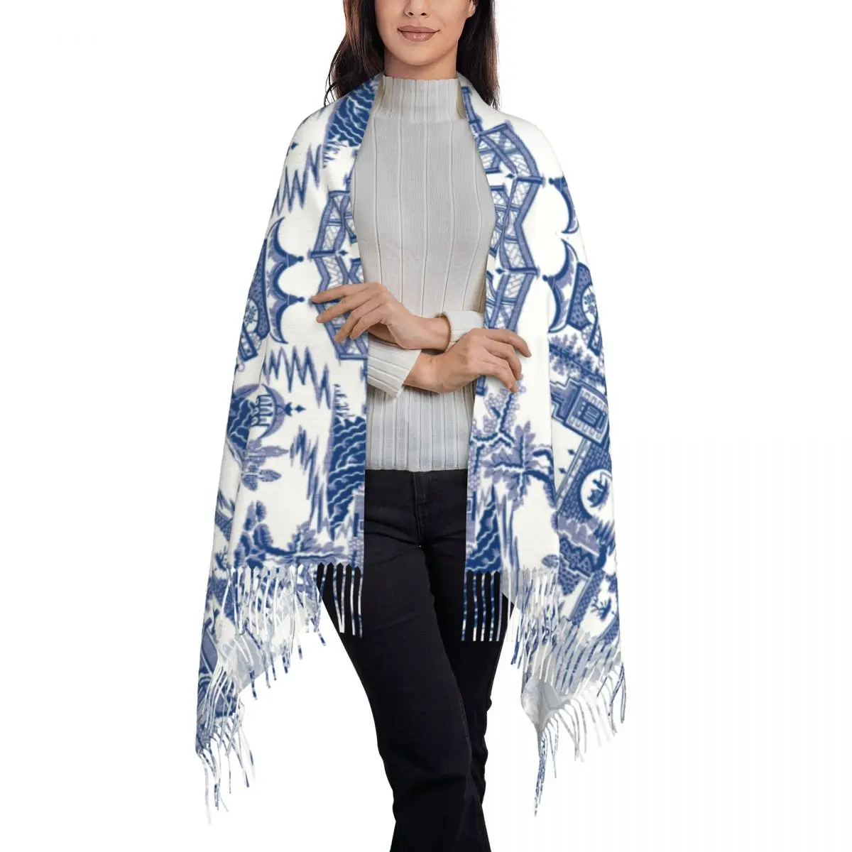 Blue Willow Ancient Ming Porcelain Scarf Women Luxury Winter Wrap Shawl Chinoiserie Pattern Tassel Wraps