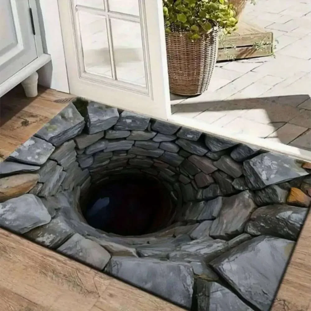 3D Illusion Stone Hole Print Flannel Area Rug, Non-slip Soft Floor Mat for Living Room Bedroom Home Decor