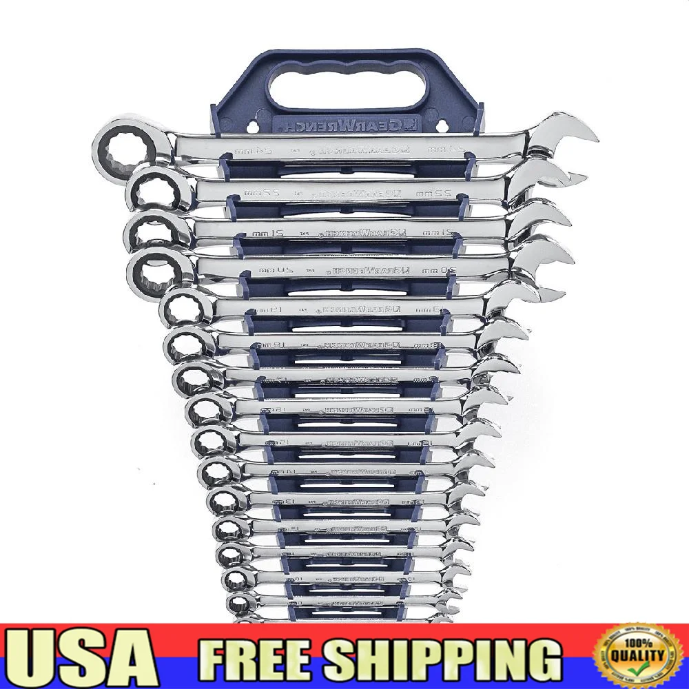 16-Piece Metric Master Combination Ratcheting Wrench Set with Surface Drive Plus Technology & Wrench Locker Rack Sizes 8mm-24mm