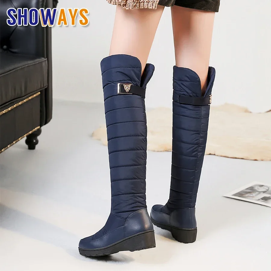 2024 Winter Women Thigh High Snow Boots Blue Waterproof Down Round Toe Lady Wedge Platform Fur Badge Over the Knee Riding Boots