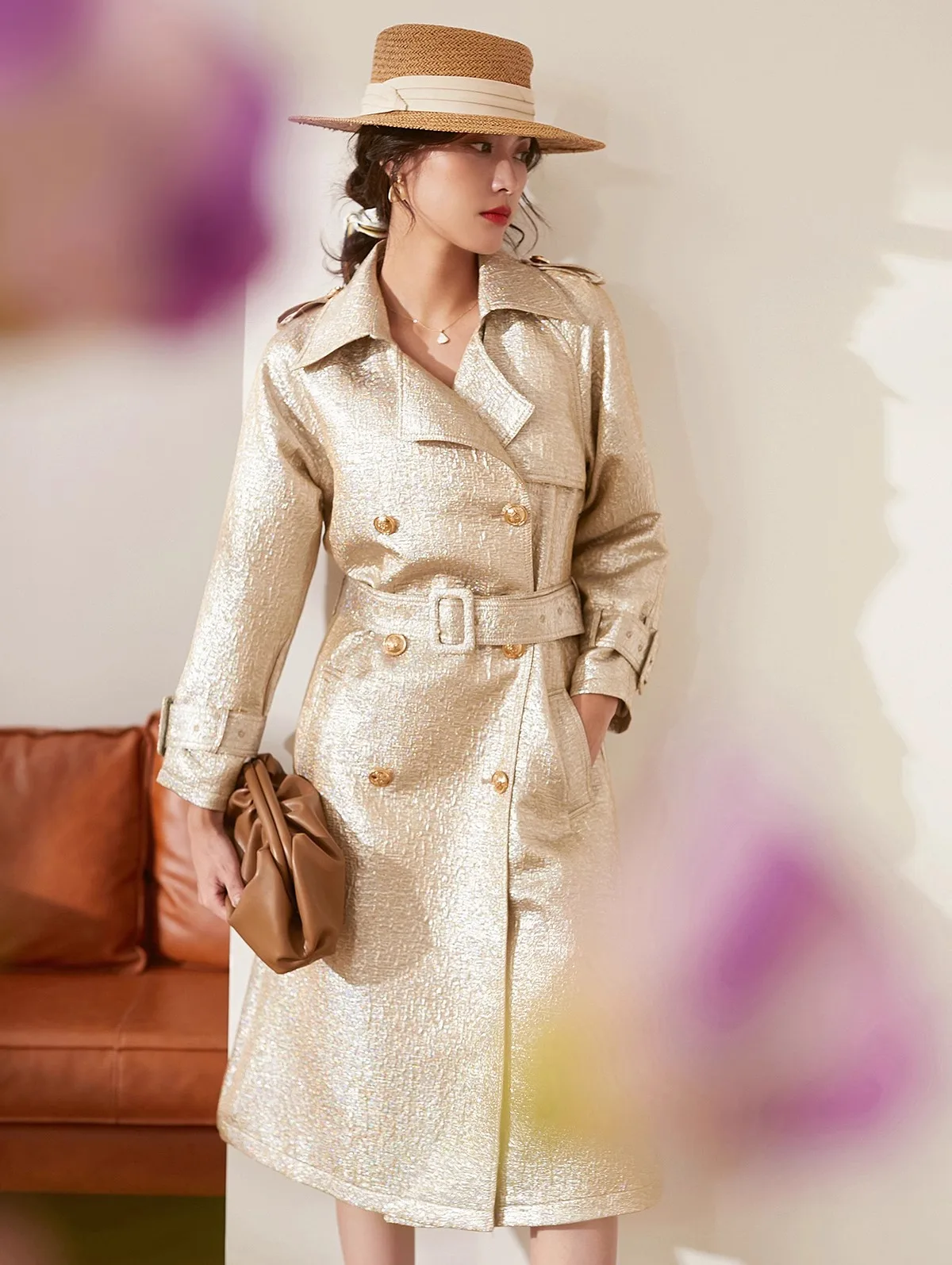 

High quality trench coat women's gold thread jacquard spring and autumn style light luxury British style double breasted waist c