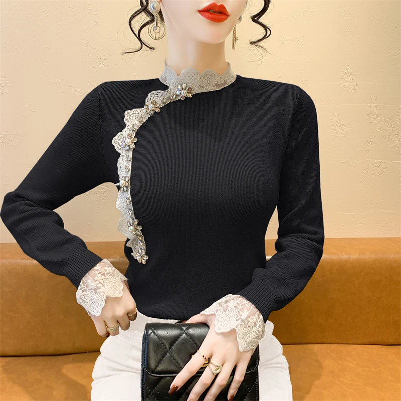 

2025, новинка, европейская, одежда, вязаный, свитер, женский, шикарный, сексуальный, с круглым вырезом, пэчворк, кружево, блестящий, бисер, 3D, длинный рукав, эластичный, топы, 51024