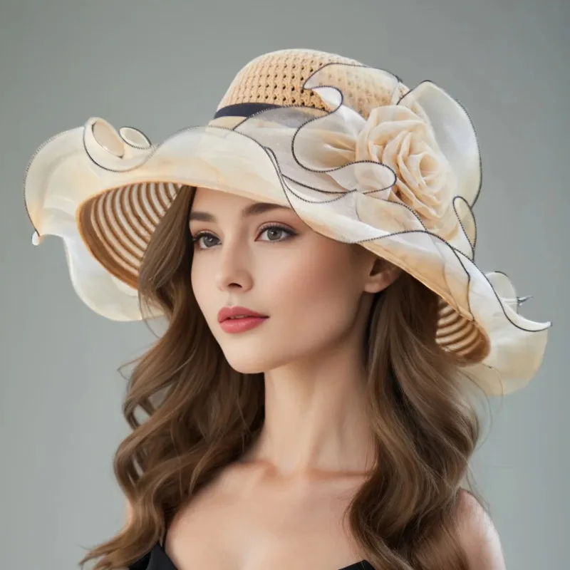 

Elegant Summer Women's Sun Hat Breathable Organdy Material Foldable Design Woven Top Flower Decoration 2025