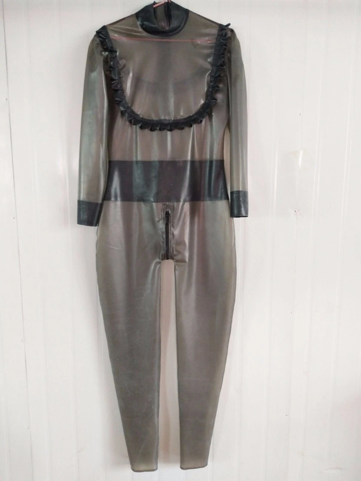 

Latex Rubber Gummi Ganzanzug Smoke gray Chest lace Catsuit Suit Size XS~XXL