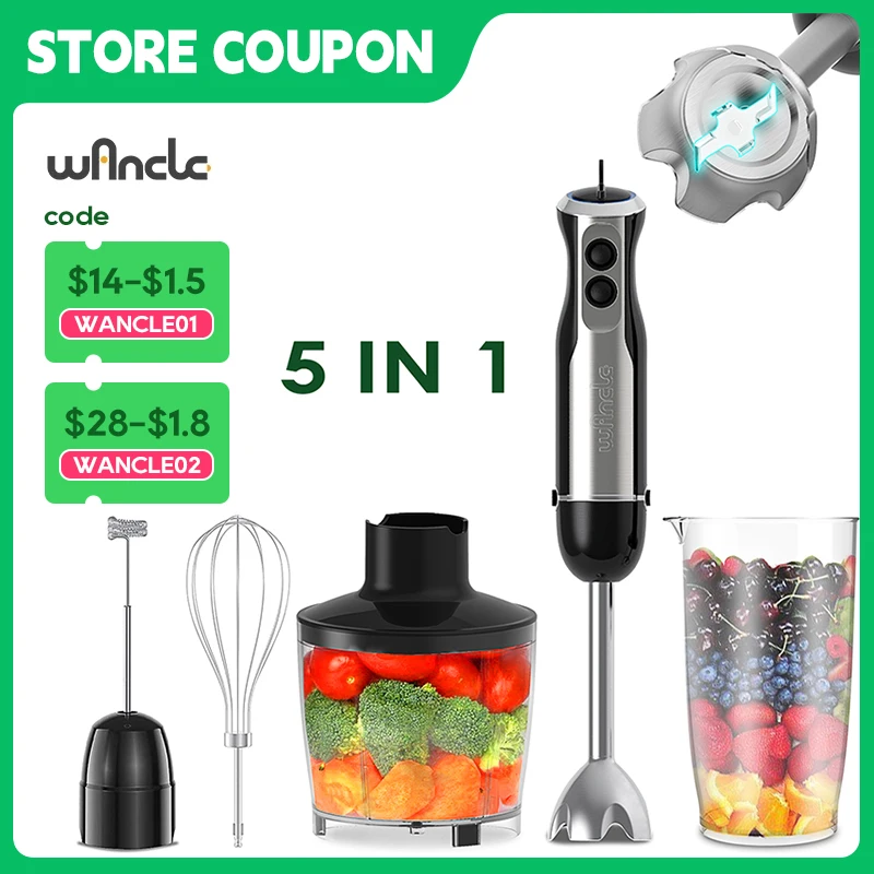 Wancle Electric Immersion Hand Blender Mixer 1000W 5 in 1 Powerful Kitchen Blender for Egg Whisk Meat Grinder Food Processor