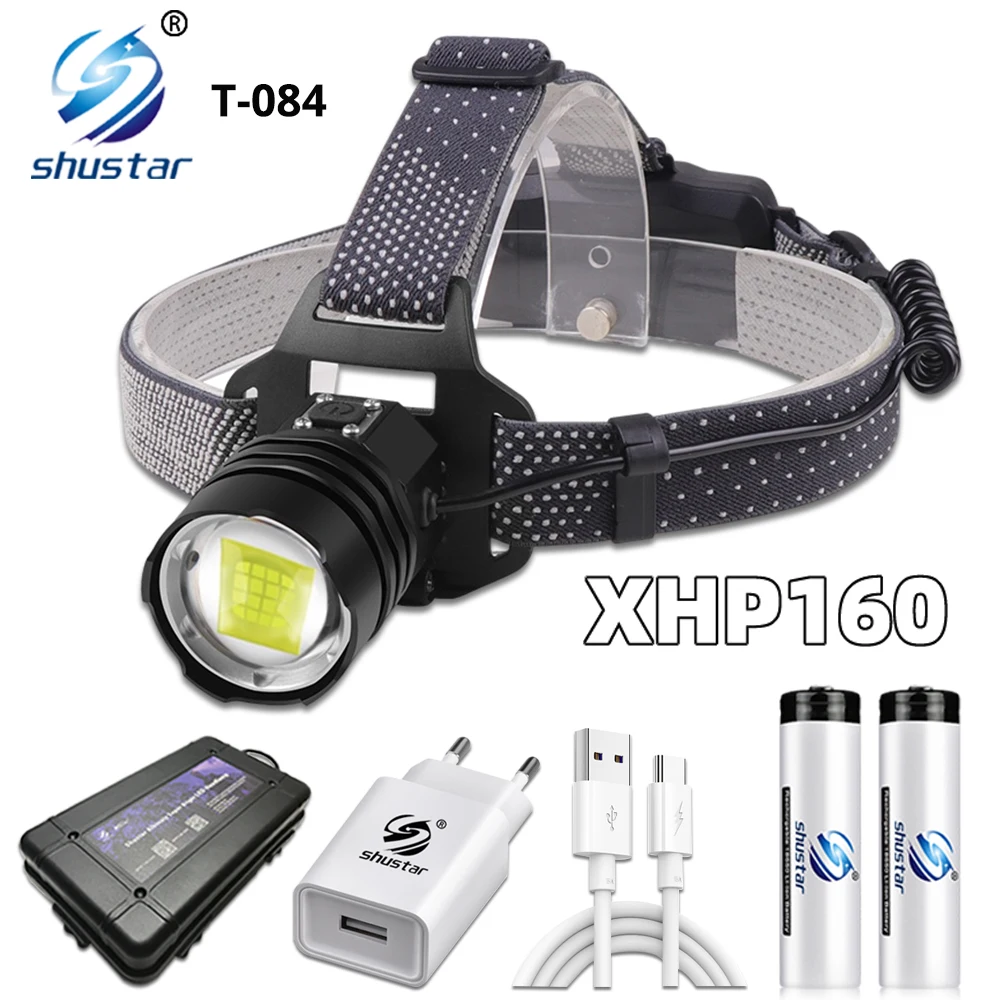 XHP160 Powerful LED Headlamp Fishing Headlight Rechargeable Lantern Zoomable 3 Lighting Modes for Expeditions, Hunting, Etc.