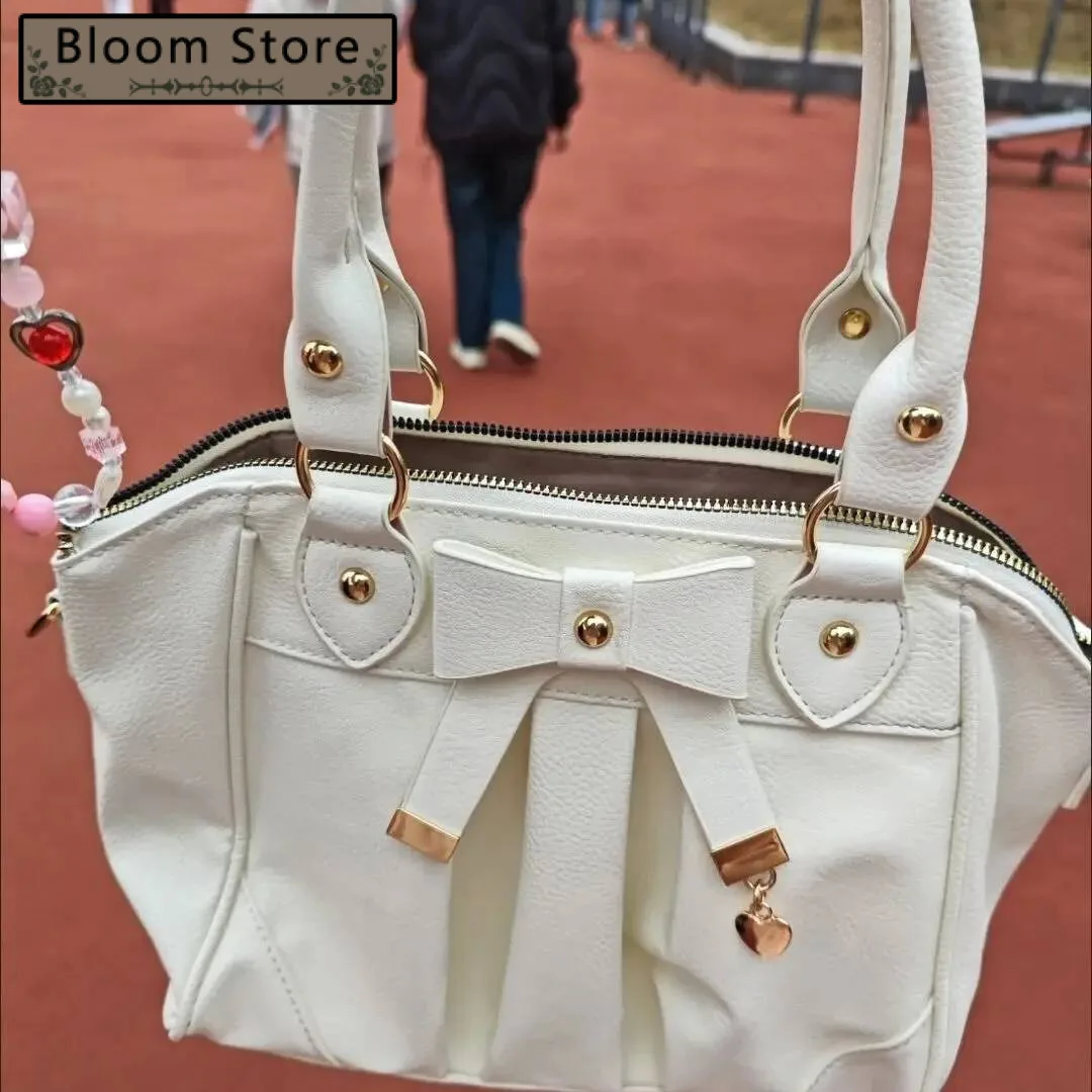 

Bloom Lolita Jk White Handbag Women Japanese Bow Leather Large Capacity Tote Bag Ladies Retro Sweet Shoulder Crossbody Bags