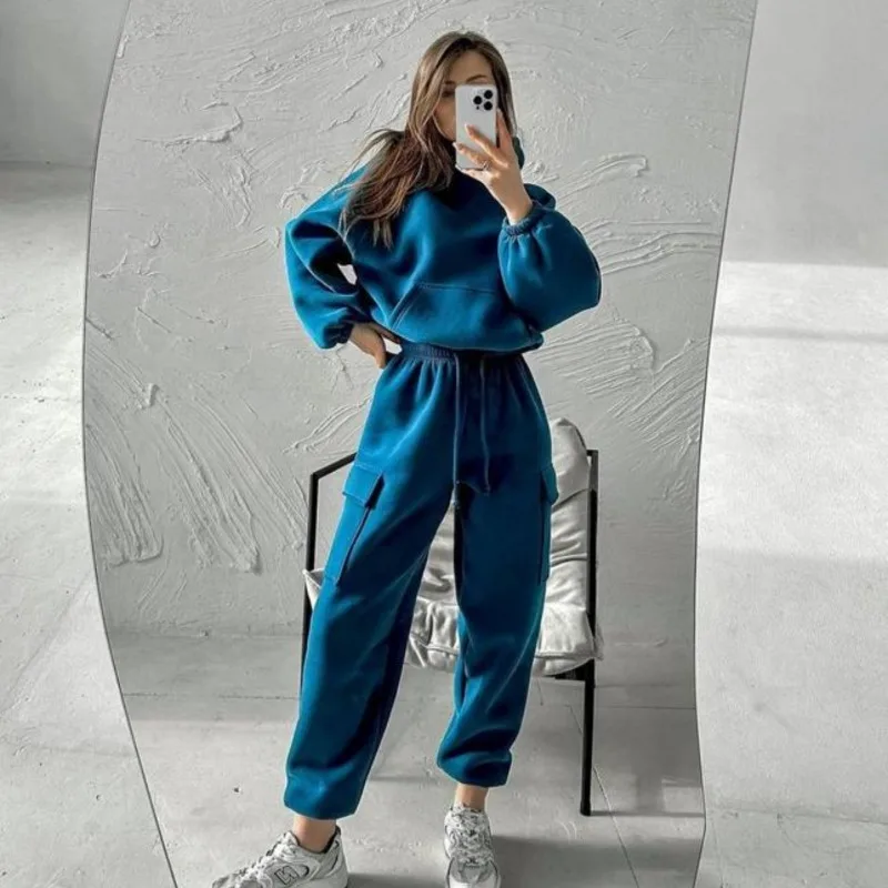 Women Tracksuit Hoodies Casual Solid Long Sleeve Fleece Warm Hooded Sportswear Suit Hoody Pullovers Long Pant Two Pieces Sets