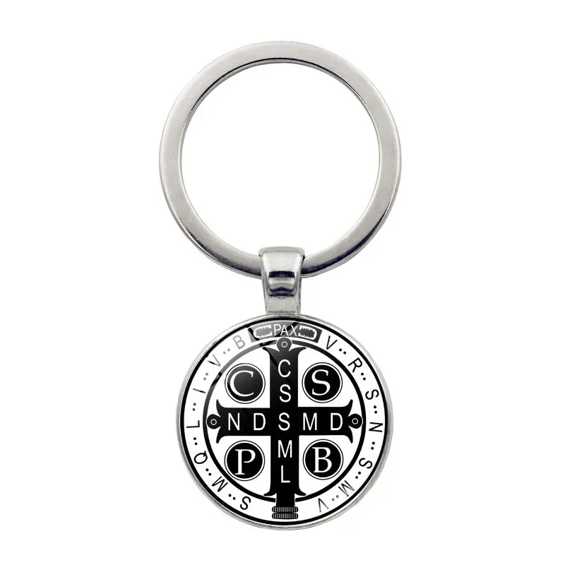 Saint Benedict Pendant Keychain Catholic San Benito Glass Dome Handmade Keyring for Men Women