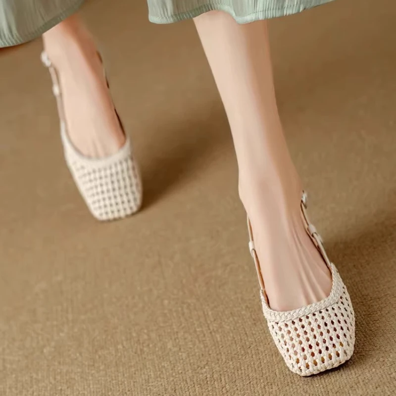 2025 Women's Fashion Baotou Sandals Summer New Square Head Shallow Hollow Breathable One Line Buckle Sole Heel Shoes
