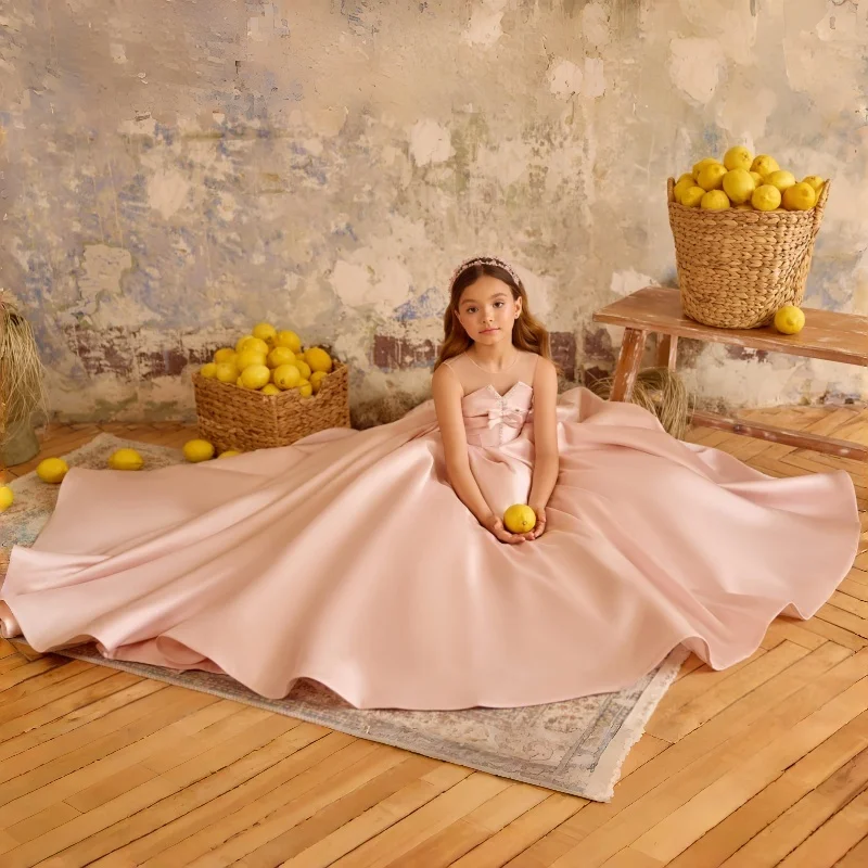 

Blush Pink Sheer Neck Satin Flower Girl Dress Bow Floor Length Princess Ball Gown for Wedding Baptism Formal Occasion Dress