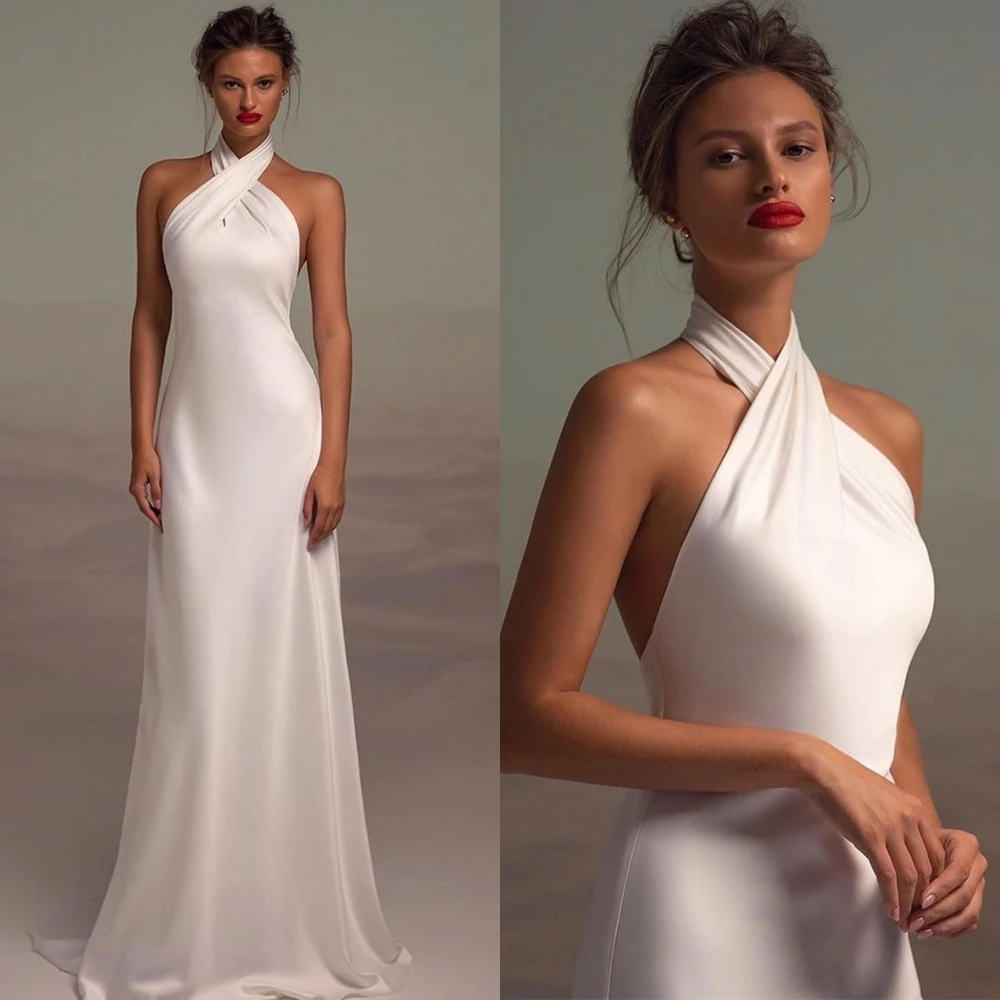 

Customized White Jersey Wedding Dress High Quality Halter Sleeveless Bridal Gowns Chapel Train Open Back Mermaid Dresses