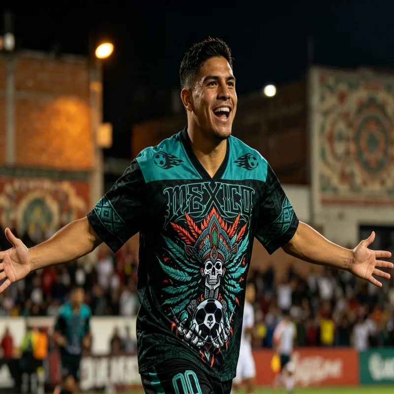 2026Mexican Aztec Tribe Soccer Suit Maya Calendar Skull Jaguar Eagle Print V-neck T-shirt Neutral Mexican Flag Family Match Fans