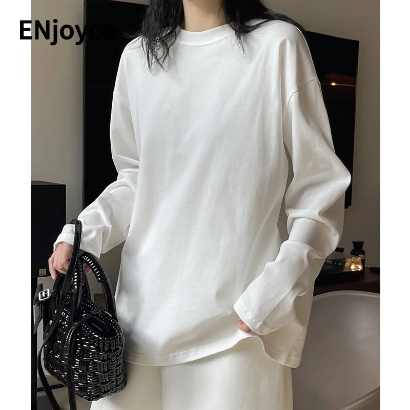 

ENjoyce Women Basic Round Neck T-Shirts Casual Loose Streetwear Long Sleeve Top Inside Wear Pullovers Tee Spring Fall