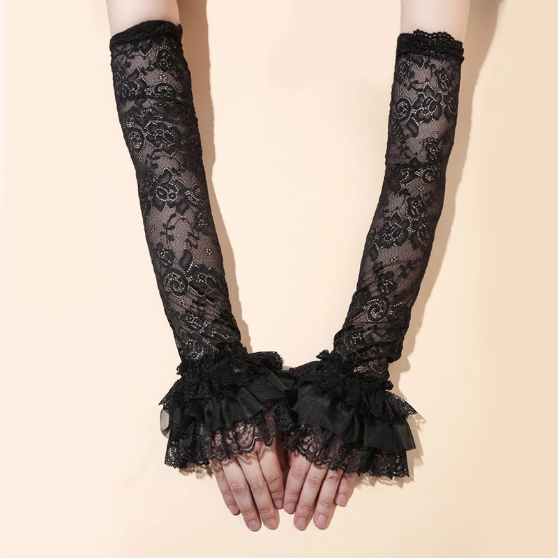 Guantes de encaje con hermosas flores para niña, protección solar de verano a la moda, mangas largas ahuecadas, guantes de boda sin dedos